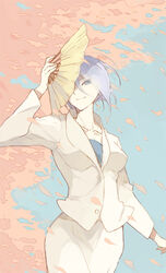  bad_id bad_pixiv_id benten-sama_(uchouten_kazoku) blue_eyes blue_hair cherry_blossoms female folding_fan hand_fan holding looking_at_viewer office_lady petals photoshop_(medium) shioha smile solo uchouten_kazoku 