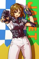  banned_artist breasts brown_eyes brown_hair bulletproof_vest elbow_pads fingerless_gloves gloves gun handgun janet_(virtua_cop) kamiomutsu md5_mismatch medium_breasts pistol police police_uniform policewoman short_hair solo uniform virtua_cop virtua_cop_2 weapon 