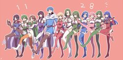  1boy 6+girls annand_(fire_emblem) arm_around_waist armor ayra_(fire_emblem) blonde_hair blue_hair blush boots breastplate brown_hair caeda_(fire_emblem) cancan_dance cape catria_(fire_emblem) commentary_request crossover elbow_gloves erinys_(fire_emblem) est_(fire_emblem) finn_(fire_emblem) fire_emblem fire_emblem:_genealogy_of_the_holy_war fire_emblem:_mystery_of_the_emblem fire_emblem:_thracia_776 gloves green_hair harushino height_difference karin_(fire_emblem) kekkai_sensen knee_boots knee_pads lachesis_(fire_emblem) leg_up miranda_(fire_emblem) multiple_girls olwen_(fire_emblem) palla_(fire_emblem) parody pegasus_knight_uniform_(fire_emblem) pink_hair protected_link standing standing_on_one_leg sugar_song_and_bitter_step thigh_boots thighhighs zettai_ryouiki 