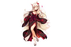  animal_ears bare_shoulders breasts brown_eyes cleavage female fingernails floral_print flower flower_knight_girl fox_ears fox_girl full_body hair_ornament heart higanbana_(flower_knight_girl) japanese_clothes kitsune kyuubi large_breasts long_hair looking_at_viewer monety multiple_tails name_connection object_namesake official_art one_eye_closed red_flower sandals side_slit solo spider_lily spider_lily_print tabi tail transparent_background white_hair wide_sleeves 