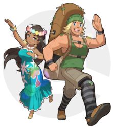  1boy backpack bag beanie blonde_hair blue_eyes brown_eyes commentary_request dancer_(pokemon) dancing dark_skin dress earrings facial_hair female hat highres hiker_(pokemon) hiking hula jewelry leaf long_hair looking_at_viewer muscular pantyhose pectorals poke_ball_theme pokemon pokemon_sm saitou_naoki short_hair simple_background smile striped_clothes striped_pantyhose stubble tan twig white_background wristband 