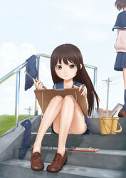  2girls art_brush bad_id bad_pixiv_id brown_eyes brown_hair bucket legs loafers long_hair multiple_girls no_socks oekaki_musume original outdoors paint paintbrush panties photoshop_(medium) school_uniform shoes sitting sitting_on_stairs skirt socks ss39 stairs underwear upskirt 