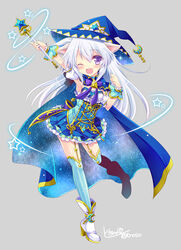  ;d animal_ears bad_id bad_pixiv_id bell blue_cape blue_dress blue_legwear cape dress female full_body hat long_hair nonno official_art one_eye_closed open_mouth purple_eyes shoes silver_hair smile solo standing standing_on_one_leg tokinon wand white_footwear wizard_hat x-overd 