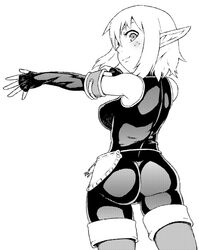  ass breasts commentary cra_(wakfu) elbow_gloves evangelyne_(wakfu) female fingerless_gloves freckles from_behind gloves greyscale large_breasts monochrome pointy_ears short_hair shorts sidelocks solo tsukudani_(coke-buta) wakfu 