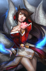  ahri_(league_of_legends) alternate_hair_color animal_ears bare_shoulders bell breasts brown_hair commentary_request detached_sleeves facial_mark female fingernails fox_ears fox_tail heart highres korean_clothes large_breasts league_of_legends long_hair multiple_tails noa_ikeda open_mouth realistic solo tail whisker_markings yellow_eyes 