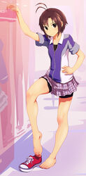  antenna_hair barefoot bike_shorts brown_eyes brown_hair casual commentary_request feet female highres idolmaster idolmaster_(classic) idolmaster_2 kikuchi_makoto kyoudyu legs no_socks photoshop_(medium) plaid plaid_skirt shoes short_hair single_shoe skirt sleeves_rolled_up sneakers solo unworn_shoes 