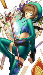  4b-enpitsu aqua_shorts argyle_clothes argyle_legwear bad_id bad_pixiv_id bat_wings black_gloves blue_hat brown_hair card cardcaptor_sakura clow_card costume female fingerless_gloves flower fuuin_no_tsue gloves green_eyes hat highres kinomoto_sakura kinomoto_sakura_(harlequin_bat_costume) looking_back midriff short_hair shorts solo thighhighs wand wings 