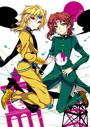  2boys bad_id bad_pixiv_id blonde_hair dio_brando earrings gakuran green_eyes headband heart highres jacket jewelry jojo_no_kimyou_na_bouken kakyoin_noriaki male_focus multiple_boys red_eyes red_hair scar school_uniform soraeda stardust_crusaders yellow_jacket 