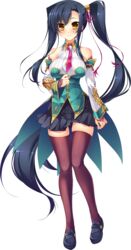  absurdly_long_hair absurdres bare_shoulders black_thighhighs blue_hair blush breasts detached_sleeves female full_body highres kan&#039;u_(koihime_musou) katagiri_hinata koihime_musou large_breasts long_hair looking_at_viewer necktie shoes side_ponytail skirt solo standing thighhighs transparent_background very_long_hair yellow_eyes zettai_ryouiki 