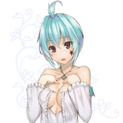  aqua_hair bad_id bad_pixiv_id bare_shoulders blush breasts brown_eyes cleavage commentary_request female frills hands_on_own_chest large_breasts nakamura_nagare no_bra open_mouth panis_repca phantasy_star phantasy_star_online_2 solo star_(symbol) transparent_background upper_body 