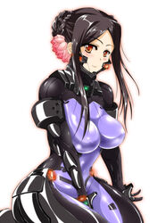  absurdres between_legs black_hair blush bodysuit braid breasts brown_eyes cleavage commentary_request covered_navel covered_nipples crown_braid female flower fortified_suit glowing hair_flower hair_ornament hand_between_legs highres large_breasts lips looking_at_viewer muv-luv muv-luv_alternative pham_thi_ran photoshop_(medium) pilot_suit purple_bodysuit sangyou_haikibutsu_a schwarzesmarken seiza shiny_clothes short_hair sidelocks simple_background sitting skin_tight smile solo 