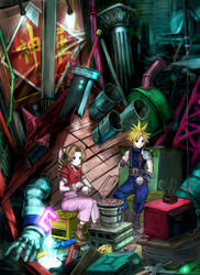  1boy aerith_gainsborough beer_crate blonde_hair bowl brown_hair buster_sword chopsticks cinder_block cloud_strife commentary_request cooking dress eating female final_fantasy final_fantasy_vii food gas_can grill grilling highres holding holding_chopsticks jerry_can junjun_(miniminitomato) long_dress long_hair pink_dress ponytail rice rice_bowl save_point shichirin sitting sword television watching_television weapon 