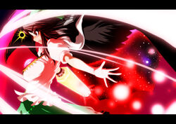  arugeri black_hair bow commentary_request female green_bow hairbow highres letterboxed long_hair red_eyes reiuji_utsuho solo third_eye touhou wings 