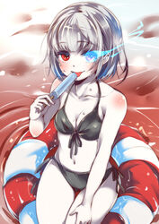  abyssal_ship bikini black_bikini commentary_request dark_persona female female_abyssal_admiral_(kancolle) female_admiral_(kancolle) food heterochromia innertube kantai_collection mataichi_mataro narumi_tsuyu navel popsicle red_eyes short_hair side-tie_bikini_bottom sitting solo swim_ring swimsuit 