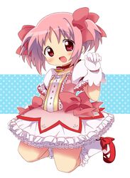  aqua_background bad_id bad_pixiv_id blush bow bubble_skirt female gloves hairbow kaname_madoka kaname_madoka_(magical_girl) looking_at_viewer magical_girl mahou_shoujo_madoka_magica mahou_shoujo_madoka_magica_(anime) meiro_(yuu) open_mouth pink_eyes pink_hair polka_dot polka_dot_background shoes short_hair short_twintails skirt smile solo twintails 