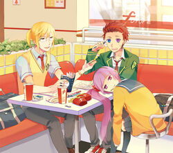  2boys alternate_costume alternate_hairstyle asbel_lhant asbel_lhant_(schoolyard_hipster) bad_id bad_pixiv_id bag bespectacled blazer blonde_hair blue_eyes book bracelet brown_hair cardigan contemporary drink drinking_straw eating female food french_fries glasses green_shirt hairband heterochromia jacket jewelry long_hair mechanical_pencil multiple_boys necktie notebook official_alternate_costume pencil ponytail purple_eyes purple_hair restaurant richard_(celeb_rich_kid)_(tales) richard_(tales) school_bag school_uniform scrunchie sen_nai serafuku shirt shoes short_hair side_ponytail sitting skirt sneakers sophie_(middle-school_mascot)_(tales) sophie_(tales) sweater_vest table tales_of_(series) tales_of_graces 