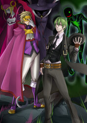  2boys absurdres android bad_id bad_pixiv_id blazblue blonde_hair blue_eyes boots cape evil_smile formal full_body green_hair hat hazama highres ignis_(blazblue) knee_boots luse_maonang mask multiple_boys necktie pants phantom_(blazblue) pink_hat purple_footwear relius_clover shoes smile suit unworn_hat unworn_headwear 