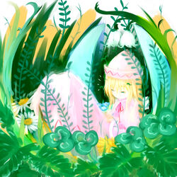  blonde_hair clover commentary_request daisy dress faux_traditional_media female fern flower grass green_eyes half-closed_eyes hat highres knees_up lily_white long_hair lying mini_person minigirl notice_lines pink_dress ribbon sakana_(packetsjp) sleepy snowbell_(flower) solo touhou waking_up white_flower 