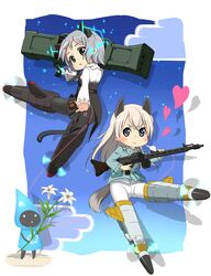  2girls animal_ears black_pantyhose blonde_hair blue_eyes blush cat_ears cat_girl cat_tail chibi cloud commentary_request drum_magazine dual_drum_magazine eila_ilmatar_juutilainen extra_ears fliegerhammer flower flying fox_ears fox_girl fox_tail green_eyes grey_hair gun heart hirschgeweih_antennas holding holding_gun holding_weapon lily_(flower) long_hair machine_gun magazine_(weapon) mg42 military military_uniform multiple_girls multishot_rocket_launcher necktie nemo_(piisukun) pantyhose rifle rocket_launcher sanya_v._litvyak short_hair strike_witches striker_unit tail tonttu uniform weapon white_pantyhose world_witches_series 