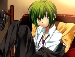  1boy angel_beats! bad_id bad_pixiv_id green_hair hat hat_rack male_focus naoi_ayato pillow school_uniform sennen_suisei solo yellow_eyes 