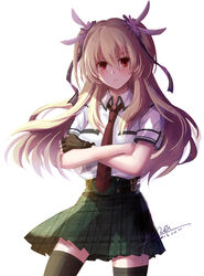  alisa_reinford black_thighhighs blonde_hair commentary_request crossed_arms eiyuu_densetsu female hair_ornament hair_ribbon long_hair looking_at_viewer necktie photoshop_(medium) plaid plaid_skirt pleated_skirt red_eyes ribbon school_uniform sen_no_kiseki signature skirt solo stells thighhighs two_side_up zettai_ryouiki 