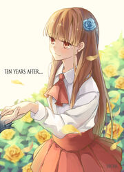  ascot bad_id bad_pixiv_id blurry brown_eyes brown_hair depth_of_field female field flower flower_field hair_flower hair_ornament highres ib_(ib) ib_(kouri) jewelry long_hair looking_at_viewer petals photoshop_(medium) pleated_skirt ring rose shioha skirt smile solo text_focus wedding_ring 