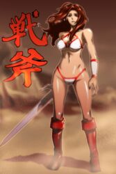  banned_artist bikini boots breasts brown_eyes brown_hair commentary_request criss-cross_halter full_body golden_axe halter_top halterneck highleg highleg_bikini highleg_swimsuit highres kamiomutsu knee_boots large_breasts navel sand solo standing swimsuit sword tears translated tyris_flare underboob weapon white_bikini 