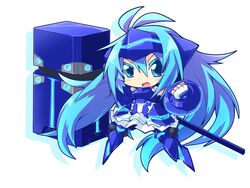  armor blue_eyes blue_hair breastplate chibi commentary_request female gauntlets gloves greaves hammer long_hair reku solo vividblue vividred_operation 