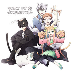  3boys animal_ears animal_hands black_hair boots brown_hair capri_pants cat_ears cat_tail commentary_request copyright_name elle_mel_martha feline female glasses gloves green_eyes green_shirt hair_over_one_eye hand_on_another&#039;s_head jewelry julius_will_kresnik long_hair ludger_will_kresnik lydi_(dd) mask multicolored_hair multiple_boys no_headwear pants pendant pinstripe_pattern rollo_(tales) shirt shoes sitting striped tail tales_of_(series) tales_of_xillia tales_of_xillia_2 twintails two-tone_hair v victor_(tales) white_background white_hair 