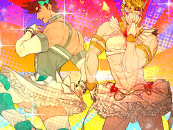  2boys armlet battle_tendency blonde_hair blue_dress blue_eyes bow bracelet bridal_gauntlets brown_hair caesar_anthonio_zeppeli commentary_request cosplay crop_top dress facial_mark green_eyes haine13 hairbow headband jewelry jojo_no_kimyou_na_bouken jojo_pose joseph_joestar joseph_joestar_(young) midriff multiple_boys panties panty_&amp;_stocking_with_garterbelt panty_(psg) panty_(psg)_(cosplay) pantyshot parody photoshop_(medium) ring skirt standing stocking_(psg) stocking_(psg)_(cosplay) striped_clothes striped_panties striped_thighhighs thighhighs underwear white_skirt zettai_ryouiki 