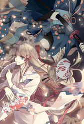  2girls ahoge bad_id bad_pixiv_id blue_eyes blurry brown_hair depth_of_field detached_sleeves folding_fan fox_mask hair_ornament hand_fan holding japanese_clothes katana kimono long_hair mask multiple_girls original petals shioha smile sword upside-down weapon wide_sleeves 