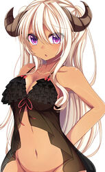  babydoll bloodcatblack bottomless bow breasts chestnut_mouth cleavage commentary_request dark-skinned_female dark_skin eyebrows eyes_visible_through_hair female frills groin hair_between_eyes highres horns large_breasts lingerie long_hair looking_at_viewer navel original out-of-frame_censoring purple_eyes red_bow red_ribbon revision ribbon see-through simple_background sleeveless solo stomach two_side_up underwear underwear_only upper_body white_background white_hair 