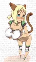  animal_ears big_breasts blonde_hair blue_eyes blush bra breasts cat_ears cat_tail erect_nipples female female final_fantasy final_fantasy_xi full_body ganbanman large_breasts lingerie mithra short_hair solo tail underwear 