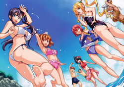  2boys 6+girls absurdres akaza_chacha amaya_haruko ass ball barefoot beachball bikini black_hair black_one-piece_swimsuit blonde_hair blue_eyes blush breasts brown_eyes brown_hair closed_eyes day feet feline flower green_eyes hair_flower hair_ornament hair_over_one_eye highres himegami_kodama kushiya_inaho large_breasts long_hair looking_at_viewer maken-ki! multiple_boys multiple_girls ocean one-piece_swimsuit one_eye_closed ooyama_takeru open_mouth orange_hair outdoors pink_bikini ponytail purple_bikini purple_eyes purple_hair red_hair satou_kimi scan shinatsu_azuki short_hair side_ponytail silver_hair sky smile soles swimsuit takeda_hiromitsu toes twintails usui_kengo water white_bikini 