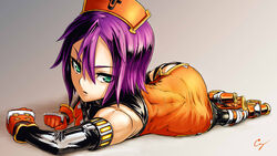  commentary_request cony_(la_locura) elbow_gloves female gloves green_eyes high_heels libra_(cony) original photoshop_(medium) purple_hair short_hair solo 