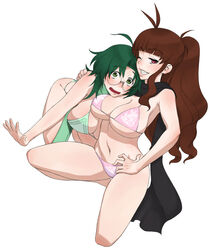  2girls ahoge bikini blush breasts brown_eyes brown_hair cleavage commentary_request glasses green_eyes green_hair grin hand_on_another&#039;s_shoulder hidaka_mai idolmaster idolmaster_dearly_stars large_breasts long_hair multiple_girls okamoto_manami one_eye_closed open_mouth ponytail smile swimsuit wata_do_chinkuru 