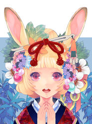  animal_ears bad_id bad_pixiv_id blonde_hair buck_teeth female flower hair_bun hair_flower hair_ornament highres japanese_clothes kanzashi kimono open_mouth original own_hands_together photoshop_(medium) rabbit_ears red_eyes serenade_(sinohi) short_hair single_hair_bun smile solo teeth 