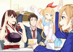  1boy 3girls ;) absurdres akagi_(kancolle) bad_id bad_pixiv_id bauxite blonde_hair blue_eyes bonyari_high_school_uniform brown_eyes brown_hair cake cake_slice commentary crossover eating food hand_up highres izumi_shin&#039;ichi kanmiya_shinobu kantai_collection kirisaki_chitoge kiseijuu migi miyamori_aoi multiple_crossover multiple_girls muneate nisekoi one_eye_closed pastry_box plate school_uniform season_connection shirobako smile table 