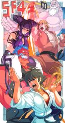  2girls 3boys bare_shoulders barefoot black_hair blonde_hair bracelet chinese_clothes choker commentary_request detached_sleeves dougi drill_hair dudou fighting_stance fingerless_gloves gloves gouken hakan halterneck jewelry juri_han ken_masters makoto_(street_fighter) multiple_boys multiple_girls oetaro ribbon_choker shouryuuken sitting_on_shoulder smile spiked_bracelet spikes street_fighter street_fighter_iv_(series) twin_drills uppercut 