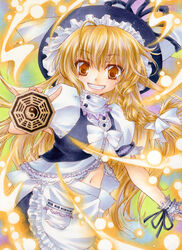  aoi_yuuka_(ao_no_kokoro) blonde_hair bow braid brown_eyes commentary_request female frills grin hairbow hat kirisame_marisa long_hair mini-hakkero navel puffy_sleeves ribbon smile solo touhou traditional_media witch_hat wrist_cuffs yin_yang 