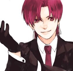  adjusting_clothes adjusting_gloves bad_id bad_pixiv_id bazett_fraga_mcremitz earrings fate/hollow_ataraxia fate/stay_night fate_(series) female formal gloves jewelry mole mole_under_eye necktie photoshop_(medium) purple_eyes purple_hair reverse_trap short_hair smile solo suit sukumaraku 