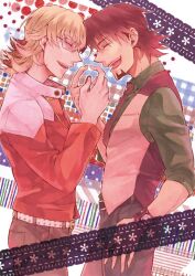  2boys ^_^ aikana bad_id bad_pixiv_id barnaby_brooks_jr. belt blonde_hair bracelet brown_hair closed_eyes facial_hair glasses jacket jewelry kaburagi_t._kotetsu male_focus multiple_boys necktie photoshop_(medium) red_jacket stubble studded_belt tiger_&amp;_bunny vest waistcoat watch wristwatch 