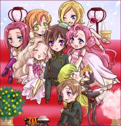  2boys 6+girls 6girls alcohol black_hair blonde_hair blue_eyes bow brown_hair c.c. cc cherry_blossoms chibi closed_eyes code_geass dress earring earrings eating euphemia_li_britannia food frills green_eyes green_hair hair_bun harem jewelry kallen_stadtfeld kinutarou legwear lelouch_lamperouge long_hair lowres milly_ashford multiple_boys multiple_girls nunnally_lamperouge pimp pink_hair pizza purple_eyes red_hair ribbon rolo_lamperouge sake school_uniform shirley_fenette short_hair stockings thighhighs uniform 