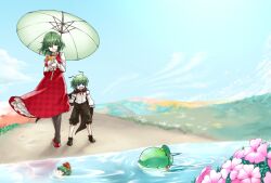  3girls antennae ascot black_pantyhose blue_eyes cape chibi cloud commentary_request day flower green_hair hydrangea kagiyama_hina kawashiro_nitori kawashiro_nitori_(kappa) kazami_yuuka lolicon multiple_girls outdoors pantyhose phenne pink_flower primrose_(flower) red_eyes short_hair sky smile touhou umbrella water wriggle_nightbug 