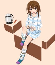  :d bad_id bad_pixiv_id braid brown_hair chocolate coffee cup female hair_over_shoulder hood hood_down hoodie leg_up leg_warmers loungewear mug multicolored_clothes multicolored_legwear open_mouth original photoshop_(medium) pitcher_(container) pom_pom_(clothes) sitting skirt smile socks solo striped_clothes striped_skirt striped_sweater sweater twin_braids yuu_(1007yu) 