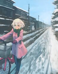  basket bicycle bicycle_basket blonde_hair blue_eyes building coat female footprints gloves green_scarf long_sleeves looking_at_viewer lowres original outdoors pants pink_coat road scarf short_hair smile snow solo vanishing_point walking weno weno&#039;s_blonde_original_character winter winter_clothes 