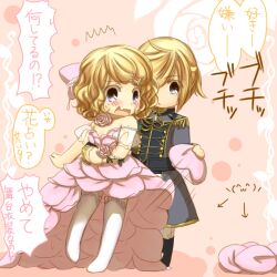  1boy aqua_eyes blonde_hair blue_eyes blush bow commentary_request emoticon female floral_dress flower hair_ornament hairclip haitoku_no_hana_(vocaloid) jewelry kagamine_len kagamine_rin plucking_petals ribbon rose short_hair shouha_(ring-high) tears translated vocaloid 