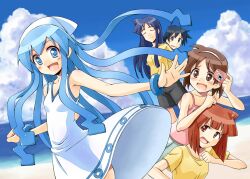  1boy 4girls aizawa_chizuru aizawa_eiko beach camera casual commentary_request dress ikamusume multiple_girls nagatsuki_sanae saitou_nagisa satogo shinryaku!_ikamusume shirt t-shirt 