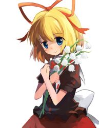  bad_id bad_pixiv_id blonde_hair blue_eyes bow dress eluthel female flower hair_ribbon highres lily_of_the_valley medicine_melancholy ribbon short_hair simple_background smile solo touhou upper_body 