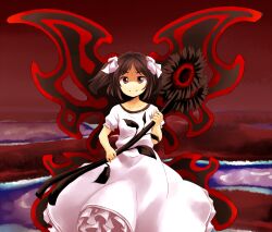  bow brown_eyes brown_hair commentary_request dress fairy female flower hairbow makai_(touhou) short_hair smile solo sunflower sunflower_fairy_(touhou) touhou twintails wings yudepii 